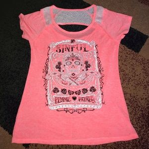 Sinful Neon Pink Short Sleeve Tee with Graphic Skull